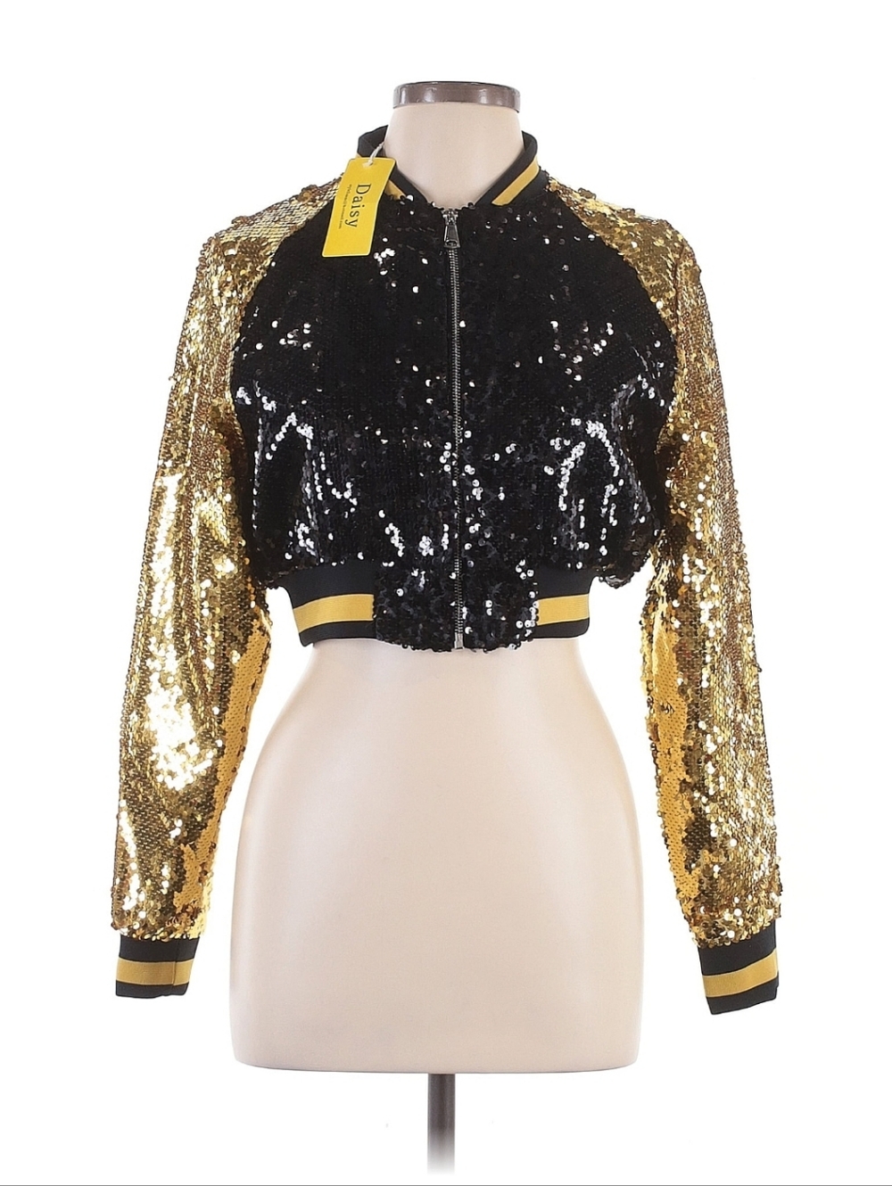 Daisy Gold and Black Cropped Sequined Bomber Jacket